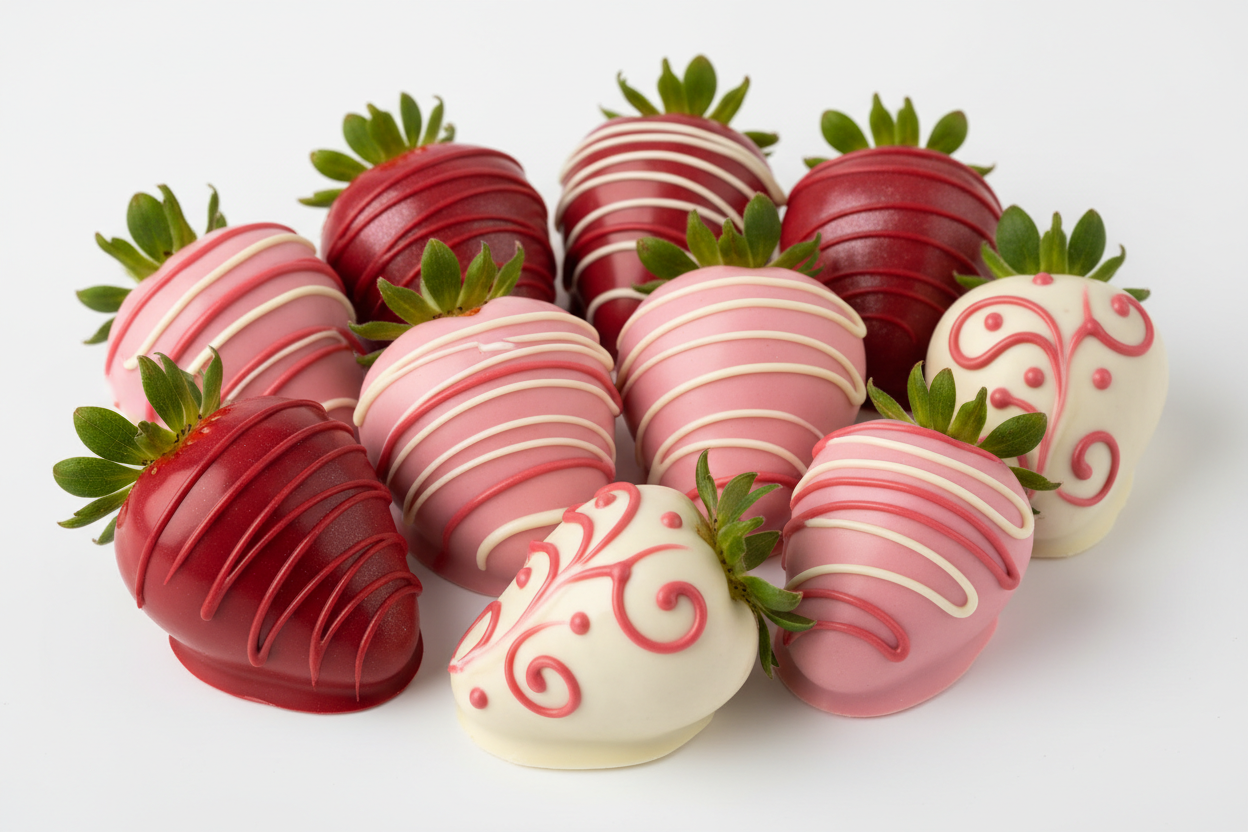 beautiful valentines day themed strawberries using red pink plain choclate and white with a plain white background