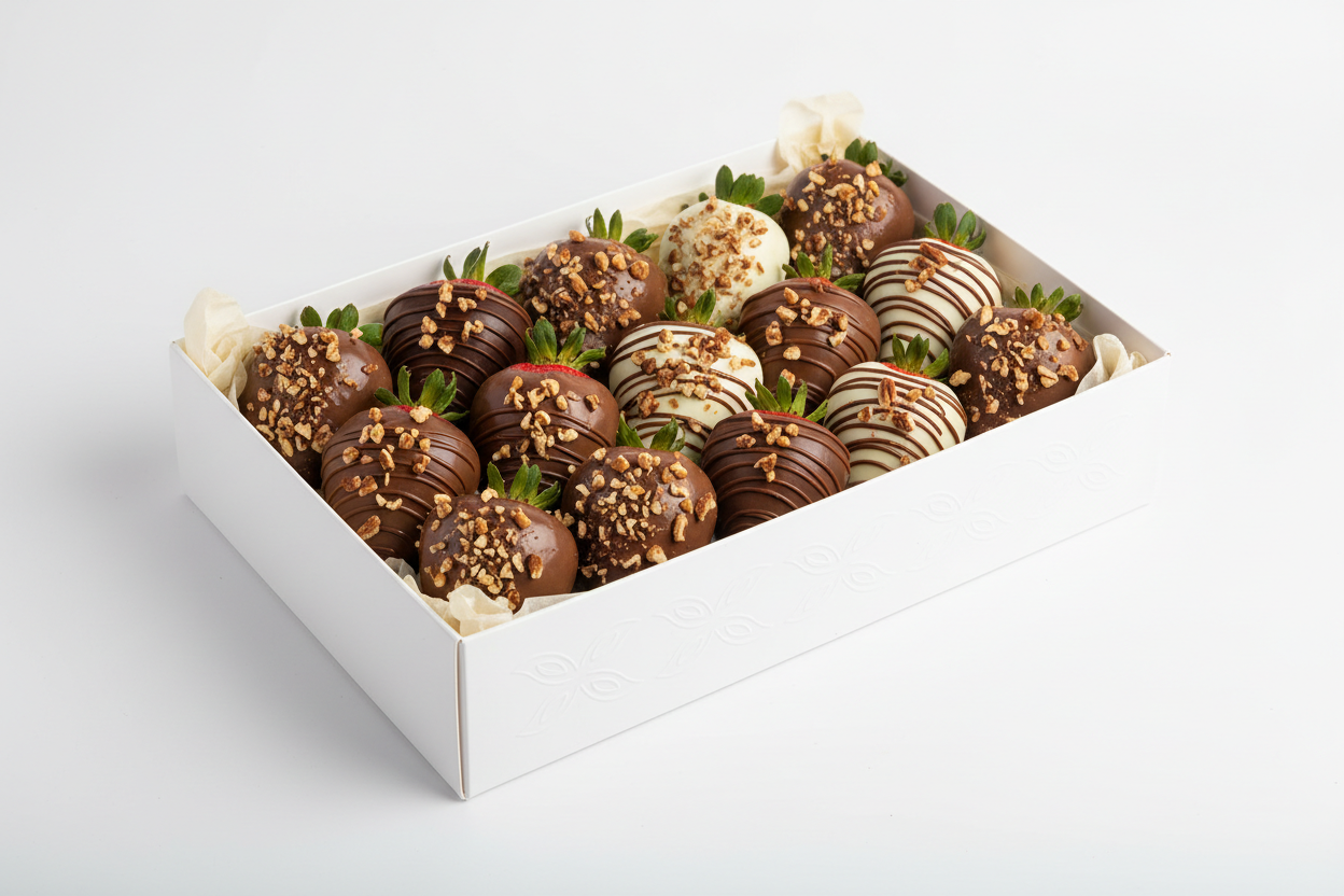 chocolate covered strawberries covered or topped with chopped pecans professional photoshoot white background in a white box