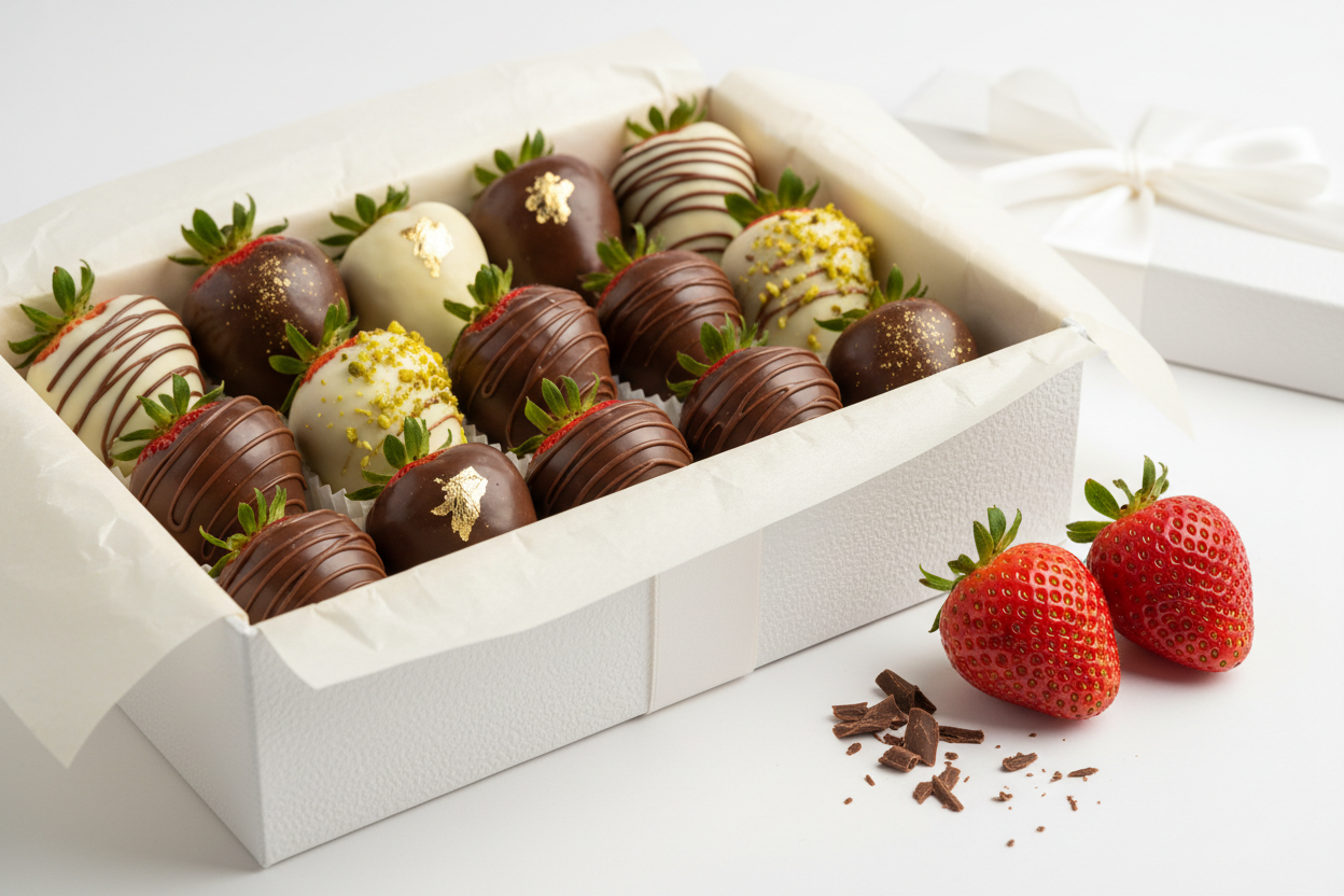 chocolate covered strawberries in a box in a porfessional photoshoot setting with a white background