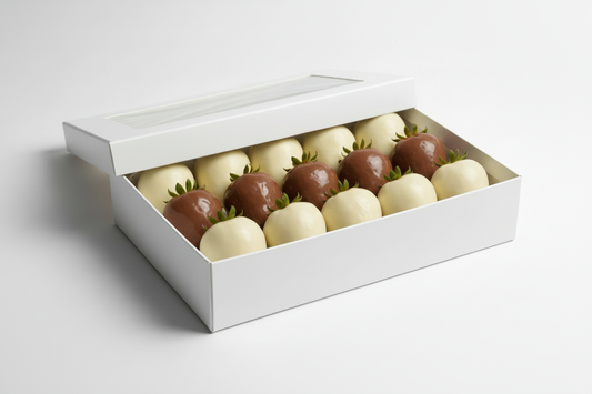 mix white chocolate strawberries and half milk choclate strawberries in white box professional photoshoot white background make the strawberries w no toppings only chocolate