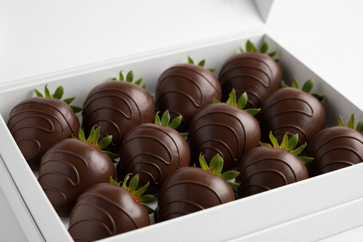 PLAIN CHOCOLATE COVERED STRAWBERRIES IN A BOX FROM A PROFESSIONAL PHOTOGRAPHER IN A WHITE BACKGROUND