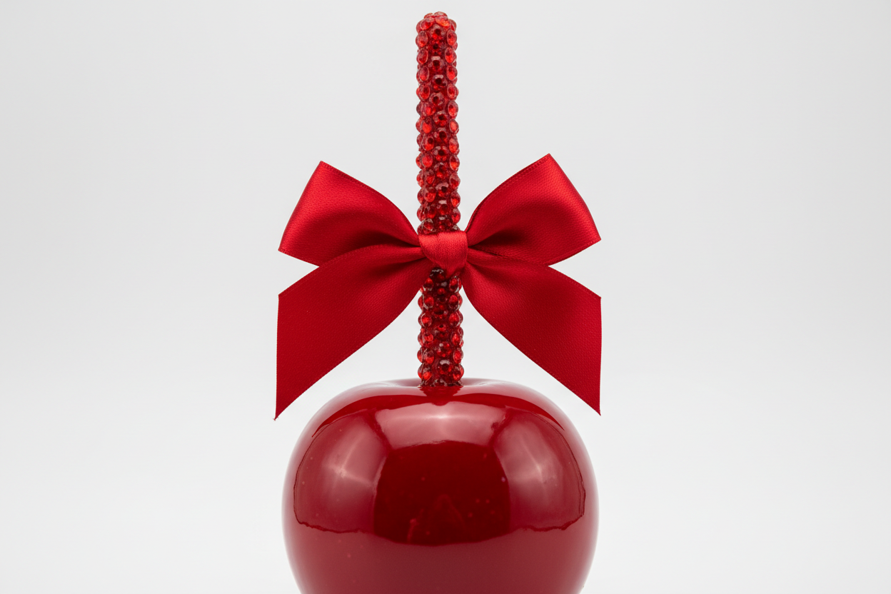 red candy apple with red bling stick and re4d bow attached to stick