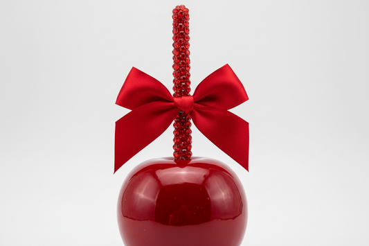 red candy apple with red bling stick and re4d bow attached to stick