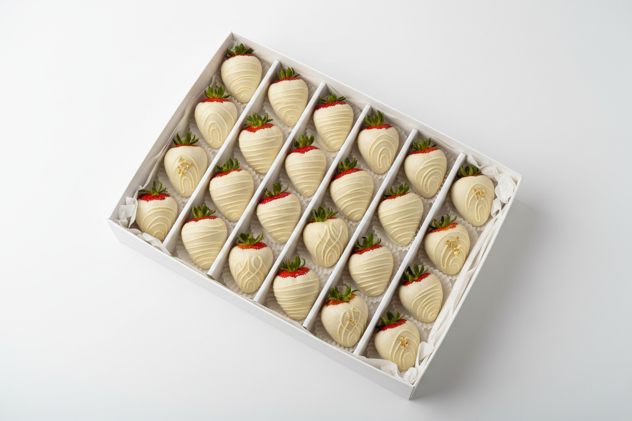 white chocolate strawberries in white box